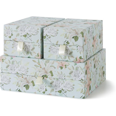 Pastel Floral Decorative Boxes With Hinged Lids And Muted Ribbon Pull - Pastel Petals, Set Of 3 (one Large And Two Medium Boxes), Cardboard Storage For Photos, Documents, Keepsakes