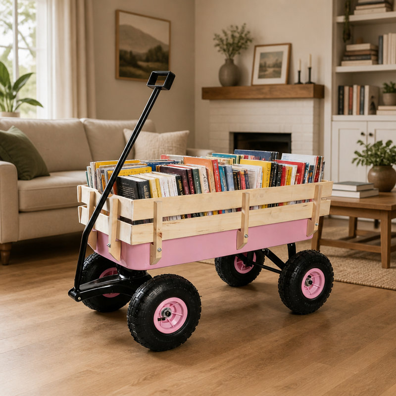 Chariot extérieur tout-terrain avec rampe en bois et pneus à air pour travaux de jardinage intensifs