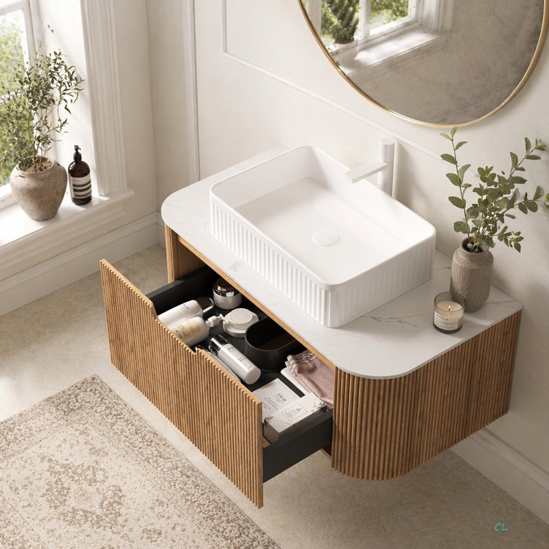 Meuble-lavabo de salle de bain 36 po, lavabo à bords arrondis avec tiroir rectangulaire en céramique et plateau en pierre frittée Carrara