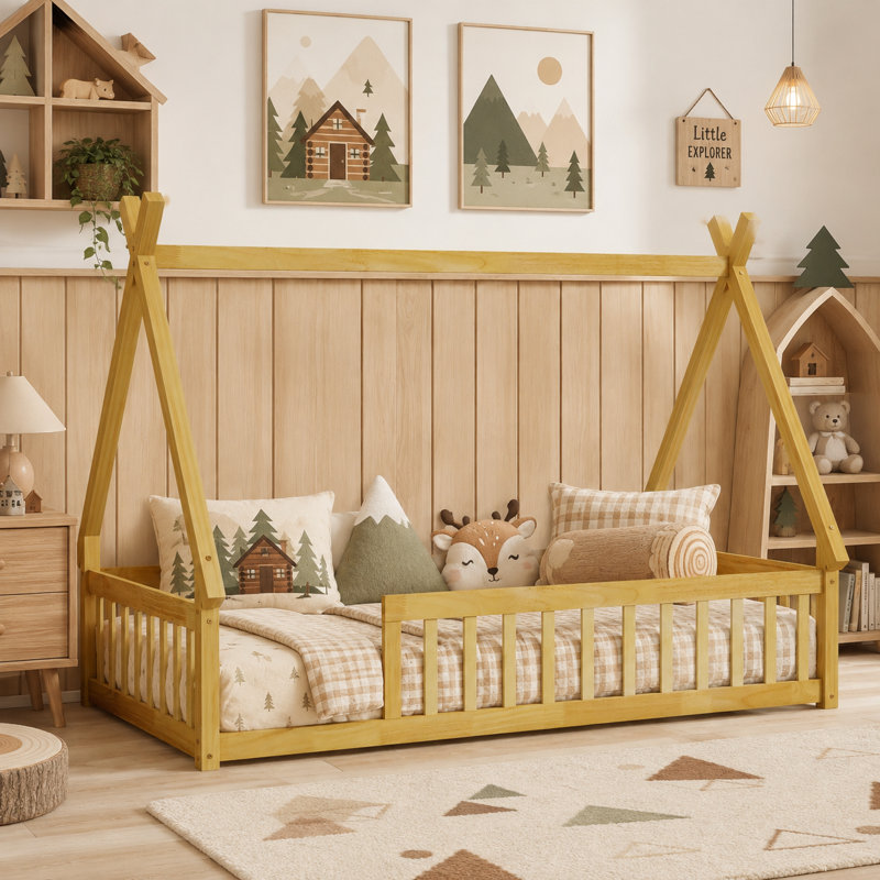 Lit plateforme simple en bois massif pour enfants, Naturel