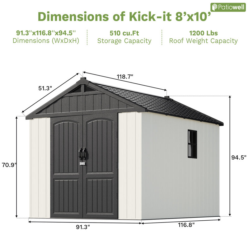 Remise de rangement en résine beige avec lumière DEL, H 94,5 po x l 91,3 po x P 116,8 po