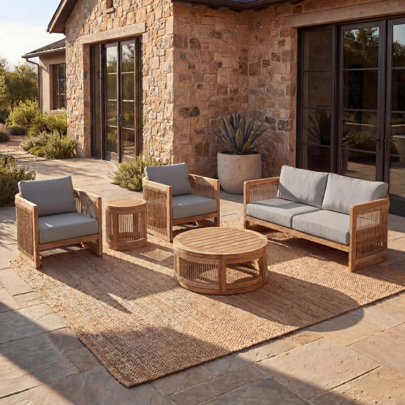 Ensemble de conversation d'extérieur en bois d'acacia pour 4 personnes avec corde tissée et coussins hydrofuges Aldo, Grey