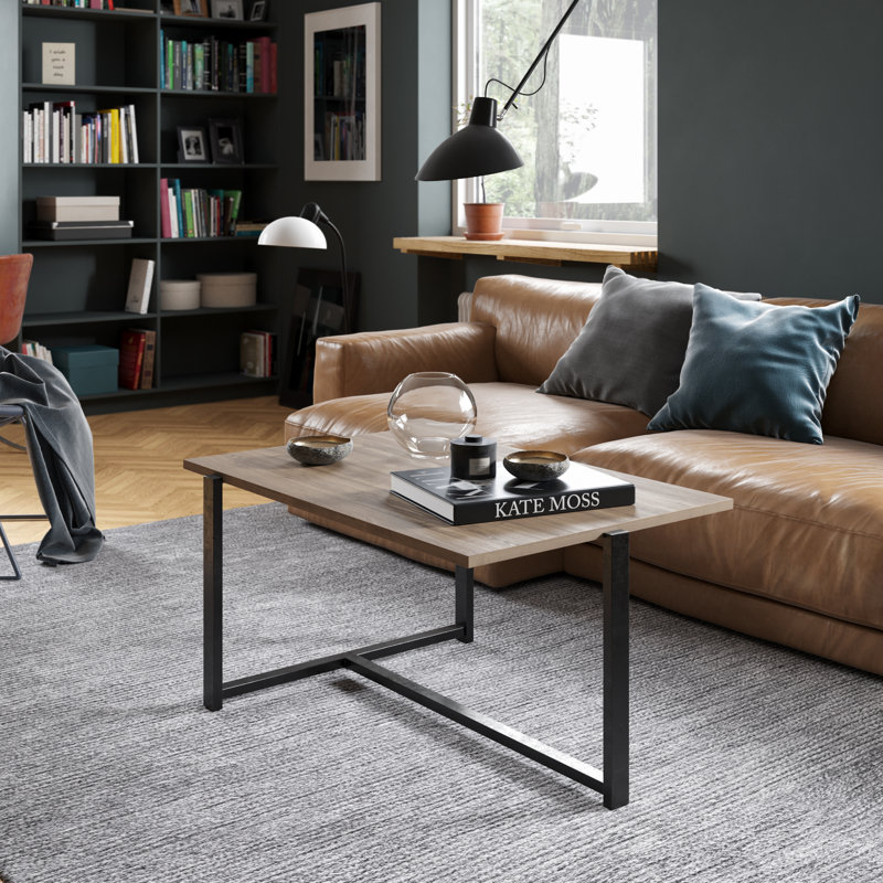 Modern Coffee Table with Metal Legs, Walnut & Black Finish, 36.2 x 17.7 x 25.6 Inches | 100% Melamine Coated Particle Board, Thickness: 0.7 Inches | Stylish Industrial Design for Living Room & Office Spaces