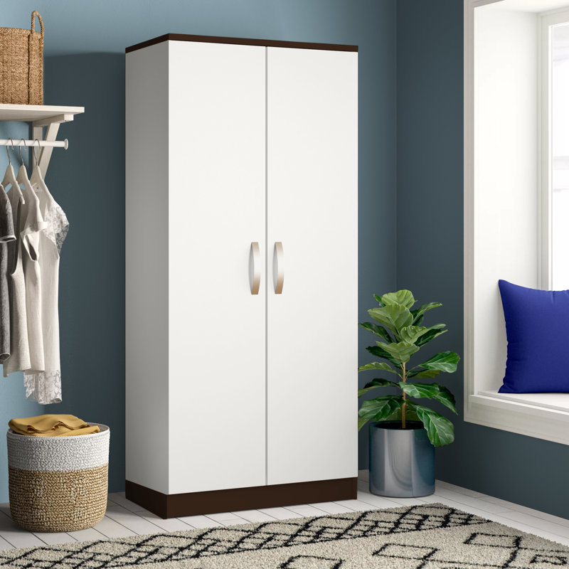 Arkadij 2 Door High Gloss Manufactured Wood Wardrobe With Internal Shelf and Hanging Rail, White/Walnut