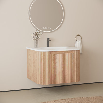 Meuble-lavabo mural de 24 po avec lavabo au design incurvé, finition en bois à texture ondulée, marbre de culture intégré intégré, meuble-lavabo flottant moderne pré-assemblé avec tiroir à fermeture en douceur (naturel)