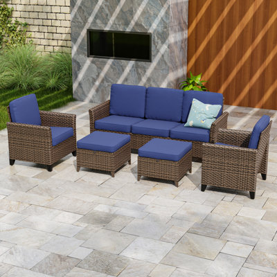 6-Piece 5-Person Mix Brown Rattan Patio Outdoor Wicker Spacious Lounge Chair Conversation Set Sofa Seating Group with Cushion