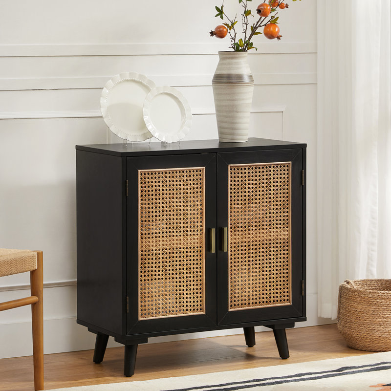 Armoire d'appoint à 2 portes en rotin avec pieds en bois massif Emily, Noir