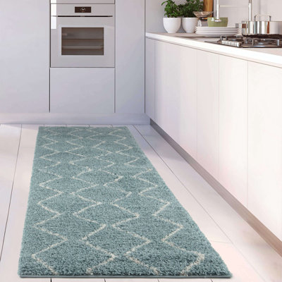 Moroccan Shaggy Collection Rugs Boho Design in Duck Egg Blue/Ivory