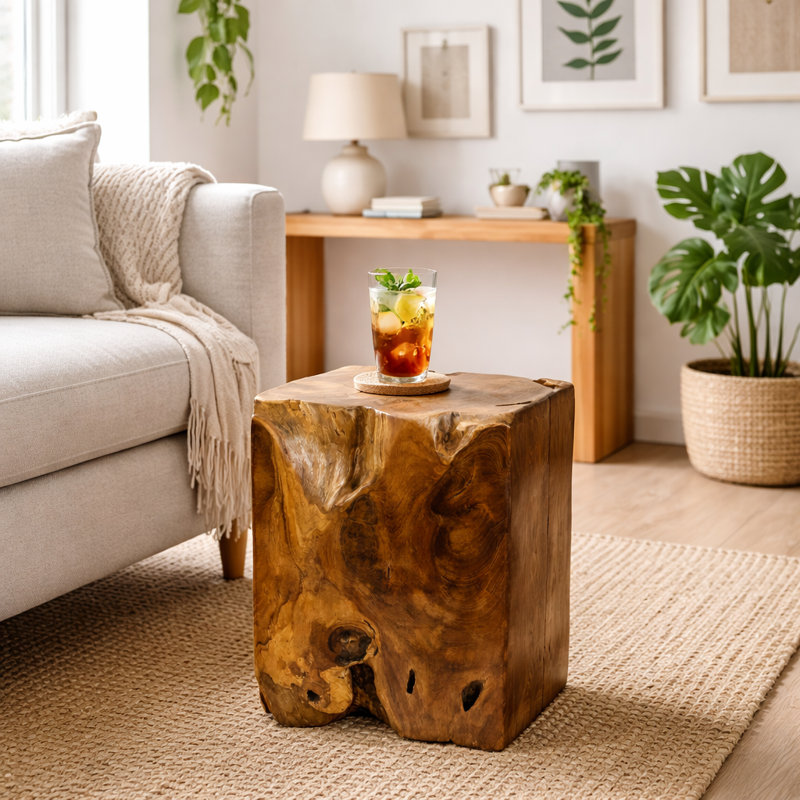Natural Solid Wood Accent Stool Natural Teak Rustic Side Stool Handcrafted Coffee Stool For Home