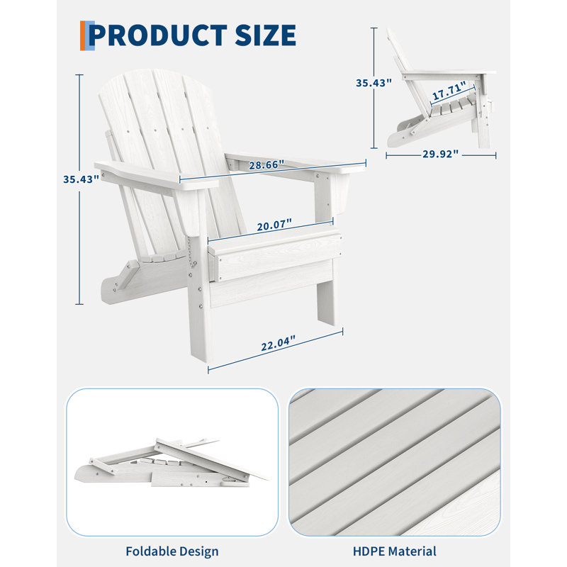  Folding Adirondack Patio Chair – All-Weather HDPE, 380 lbs Heavy Duty, No Assembly Needed, Embossed Wood Grain Texture, Perfect for Lawn, Garden, Deck, Fire Pit – Embossed Wood Grain-White