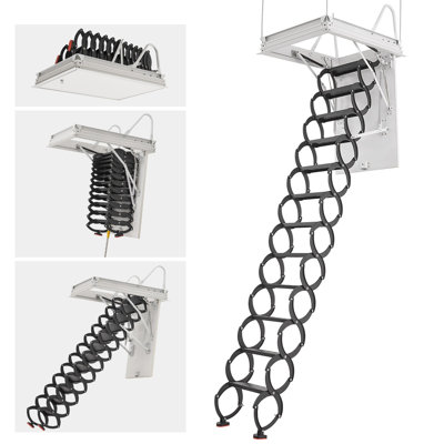 Échelle de grenier, capacité de 660 lb / 299,4 kg, s'adapte à une hauteur de plafond de 9,5 à 10,2 pi et une ouverture de 39,4 po x 27,5 po, escalier escamotable en acier allié avec tige de traction pour toit de grenier