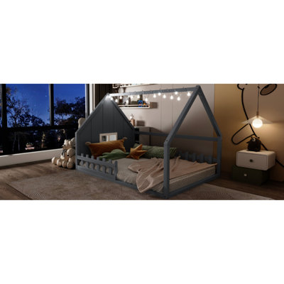 Lit double en bois gris pour maison solide et solide, avec clôture clôturée, éclairage à DEL, sans sommier pour la chambre à coucher, construction en pin, fenêtre de clôture, décor, bonheur