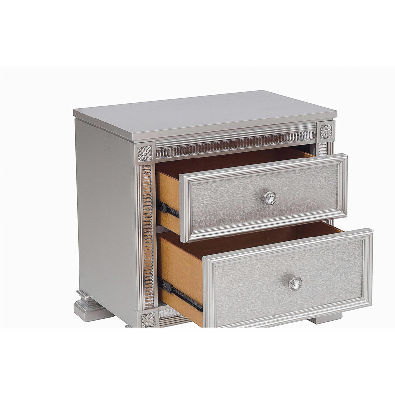 Glamour Modern Design Table de chevet 1pc avec 2 tiroirs, boutons en faux cristal, finition argentée