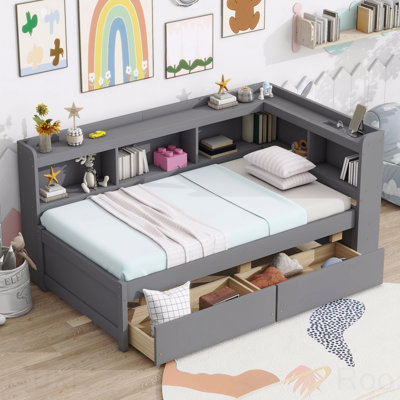 Structure de lit simple en forme de L avec bibliothèque, prises, USB, 2 tiroirs
