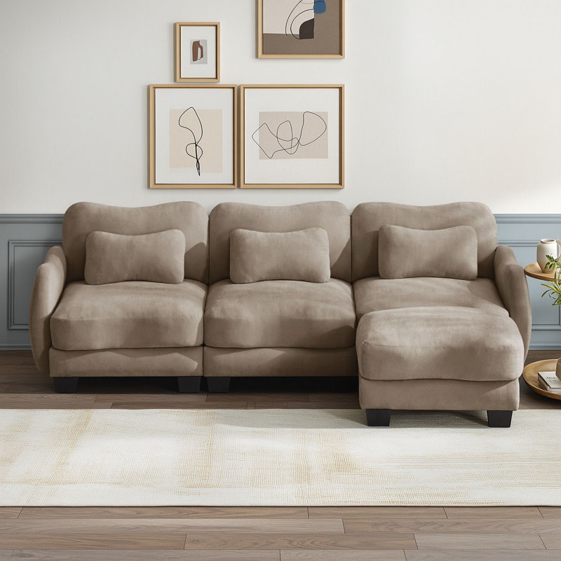 Canapé d'angle trois places en forme de L avec pouf amovible, Café