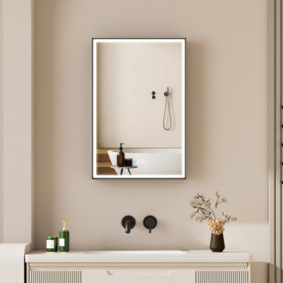 Armoire murale à DEL encastrée ou en surface 30 po H avec miroir et tablettes réglables, cadre noir