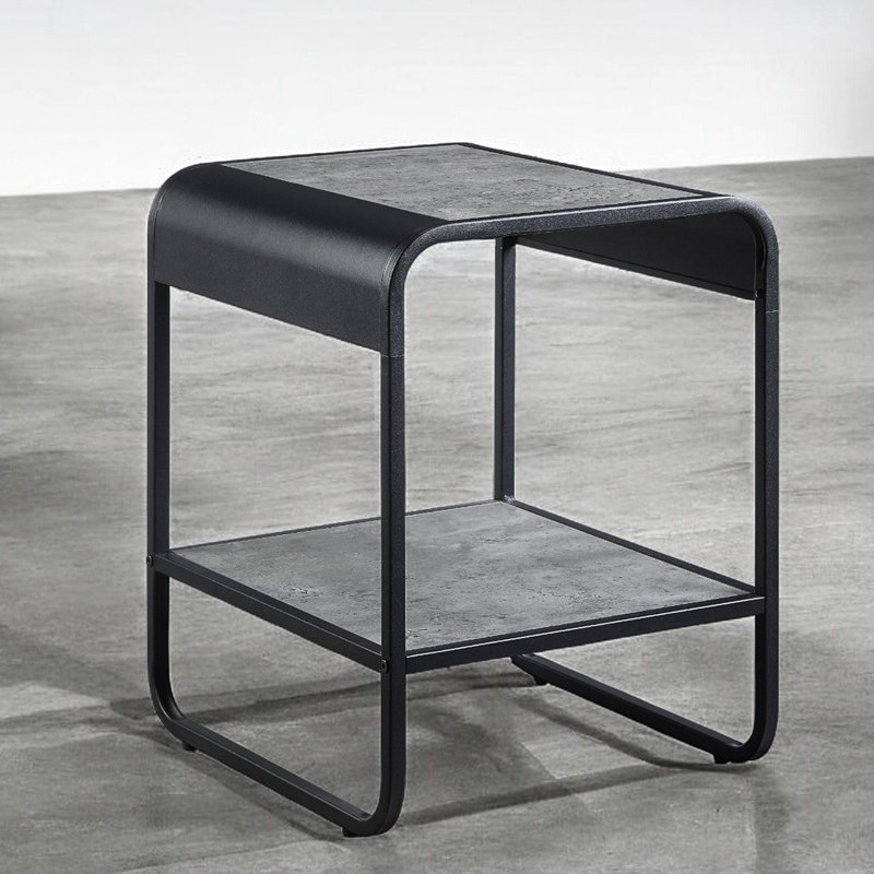 Metal Frame Rectangular End Table With Concrete Gray And Black Visuals, Open Compartment For Storage Of Small Decor Pieces, 16.4 In Depth, 18.01 Width, 21.55 Height Aesthetic, Highlights, Curved