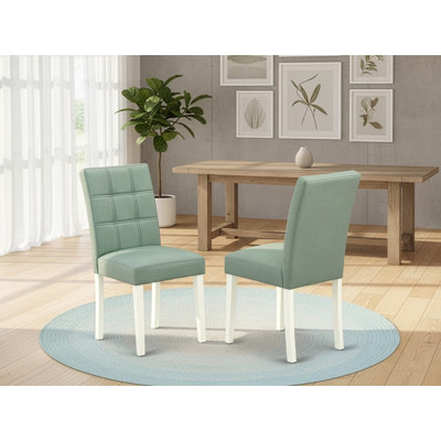 Amelius Parsons Dining Chairs - Willow Green Polyester Fabric Padded Seat and Button Tufted Chair Back - Linen White Finish, SET OF 2