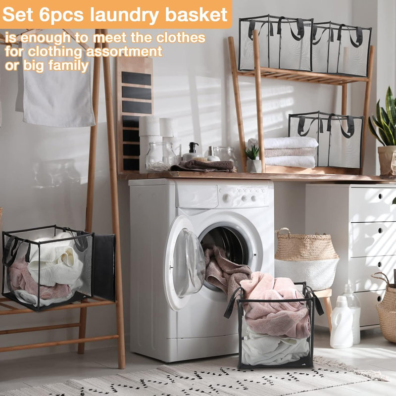 Lot de 6 paniers à linge pliables en maille simple couche, noirs, carrés de 33 cm avec poignées, transparents et portables, gain de place pour la buanderie d'une chambre d'étudiant ou d'une salle de bain.