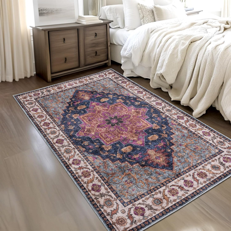 Purple Navy Traditional Washable Area Rug 200x290cm, Low Pile Non Slip Non-Shedding Indoor Rug