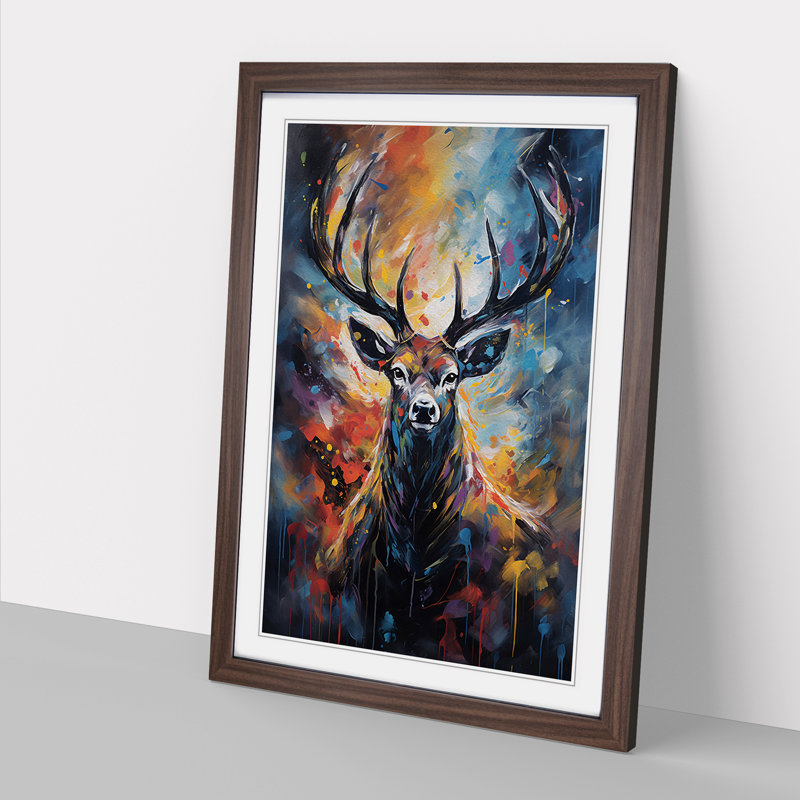 Deer - Single Picture Frame Print on Wood, 34cm H x 25cm W, Walnut Framed