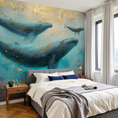 Peel and Stick papier peint aquarelle baleine océan art mural Dreamy Underwater Scene Wall Wallals