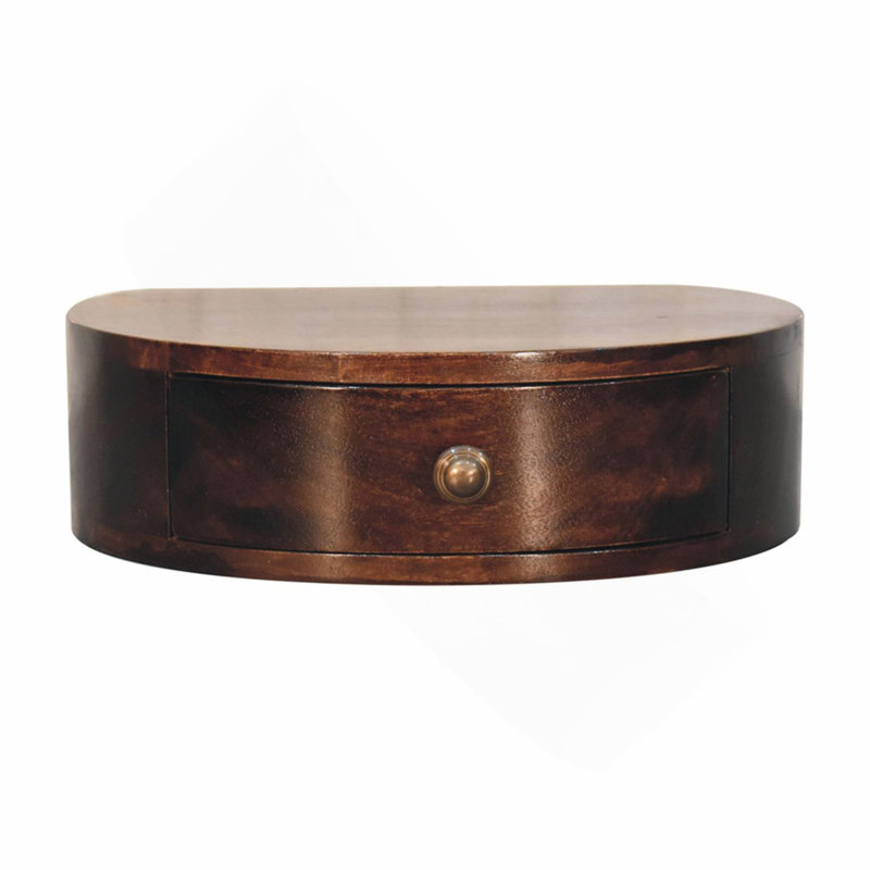 Solid Wood Walnut Wall-Mounted Rounded Bedside, 1-Drawer, Brown