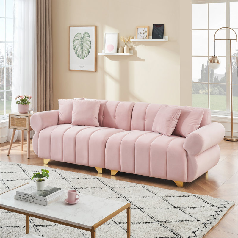 Canapé en velours avec capitonnage et coussins décoratifs 89 po Yore, Rose