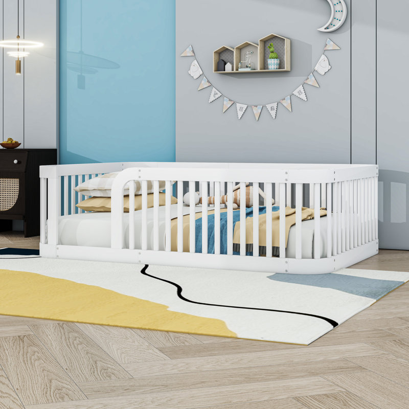 Full Wood Floor Bed With Fence, White