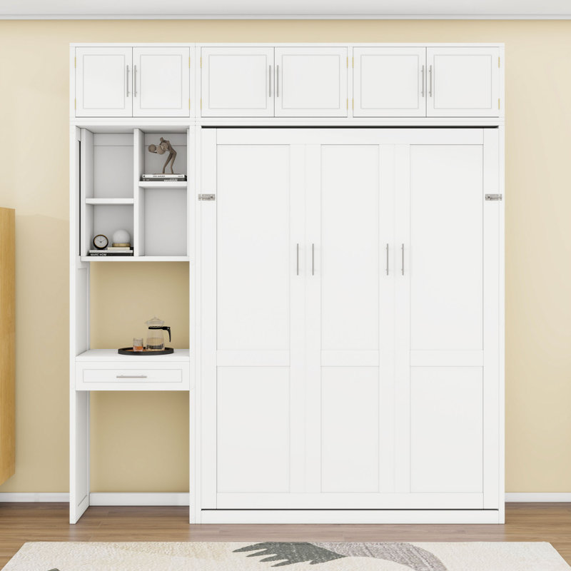 Murphy Bed with Cabinets, Built-In Desk, and Shelves, Full, White