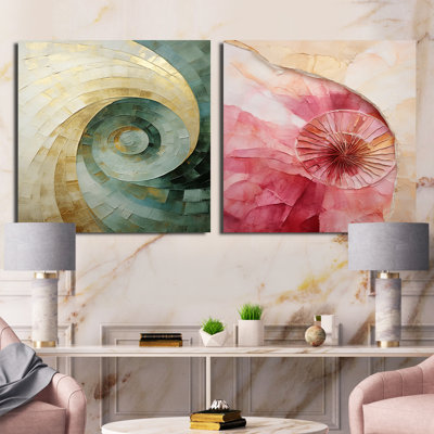 Minimalisme rose et vert en spirale - ensemble de 2 collages carrés en spirale abstraite