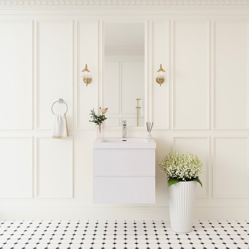 Meuble-lavabo mural moderne 24 po avec lavabo, tiroirs à fermeture en douceur, blanc brillant, faible coût d'entretien
