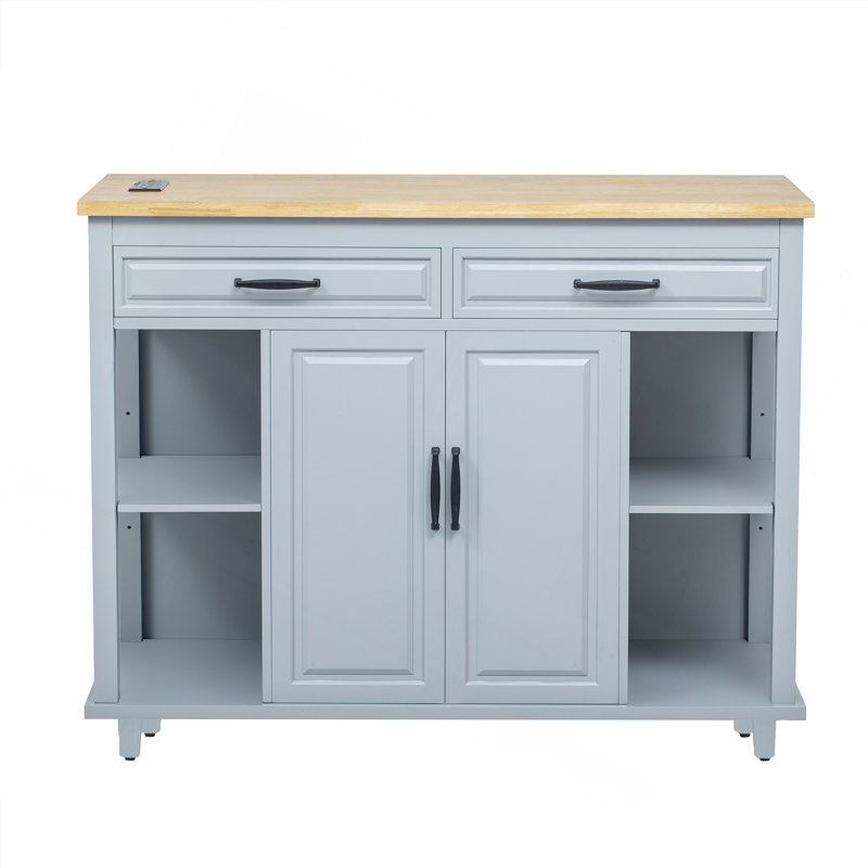 47 Inch Kitchen Island With Extendable Dining Table, Rubber Wood Veneer Kitchen Table With Internal Storage Rack, Power Outlet, Kitchen Island With Storage 2 Drawers 2 Cabinet
