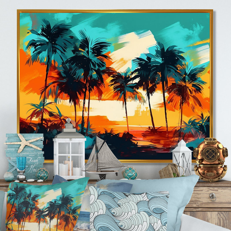 Vibrant Palm Trees IV - impression, H 12 po x l 20 po x P 1 po, Cadre flottant doré