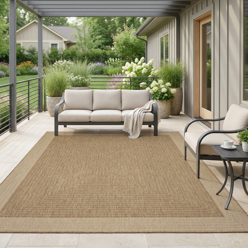 UV-Resistant Geometric Herringbone Indoor/Outdoor Area Rug In Natural Beige, Rectangle 8' x 10'