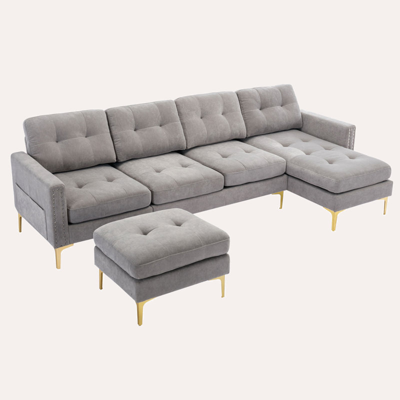 Jiuliana Upholstered Sectional Reversible, Light Gray Velvet, Gold