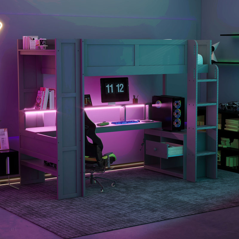 Lit mezzanine double en bois avec bureau, tablettes multiples, DEL et station de charge, Lit simple