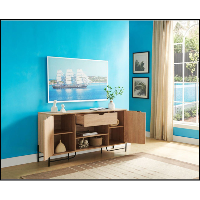 Light Brown Oak Buffet with Black Metal Legs and Shelves