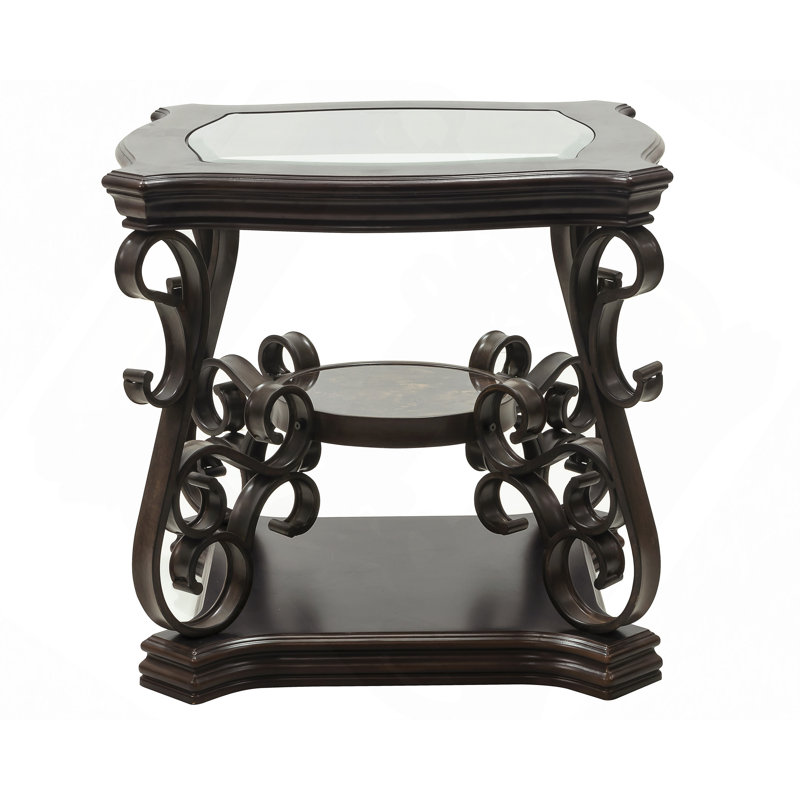 Table de bout, plateau de table en verre, tablette centrale en panneau de fibres à densité moyenne et papier marbré, pieds en métal thermolaqués.