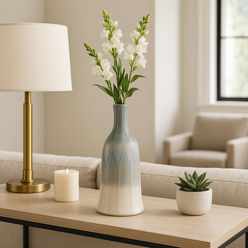 Decorative Ceramic Table Vase for Home Decor - Elegant Flower Vase Accent for Living Room, Shelf, and Entryway Styling - Blue & White