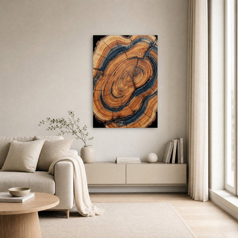 Tableau sur toile représentant des anneaux concentriques d'arbre avec des stries bleues, H 18 po x l 12 po