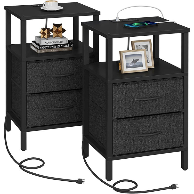 Table de bout avec station de charge, table d'appoint avec 1 port USB et 1 port USB et prises de type C, table de chevet avec tiroir en tissu, ensemble de 2, table de canapé, noir Tb01Bk067