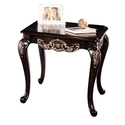 Traditional 1Pc Square End Table With Dark Cherry Finish, Solid Wood, Details, And Gold 28.5"W X 26.5"D 24.5"H Style Table, Wood Veneer, Curve Legs,