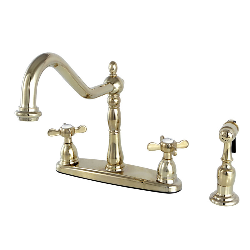 Kingston Brass Essex Two-Handle 4-Hole 8" Centerset Kitchen Faucet with Side Sprayer, Polished Brass