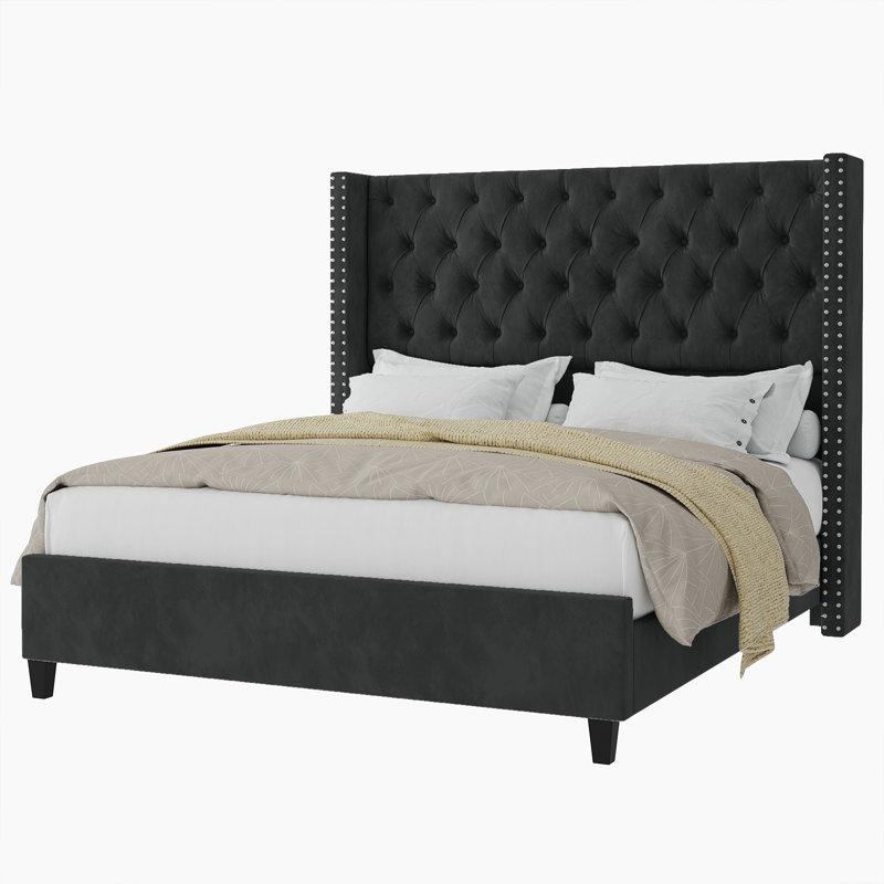 Black Velvet Queen Bed Frame with Tufted Upholstered Headboard