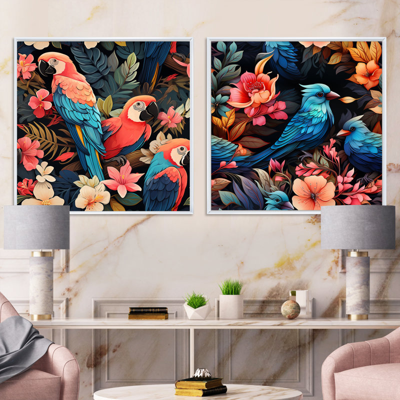 Anselme - Ensemble de 2 collages floraux carrés, H 16 po x l 33 po, Cadre flottant blanc