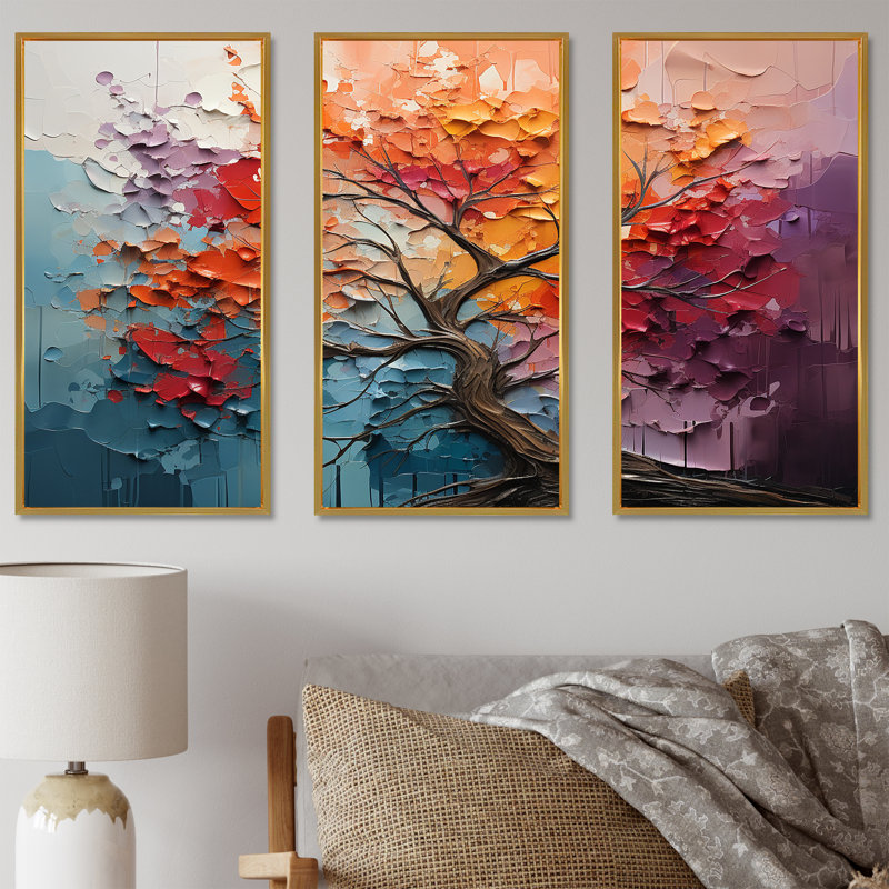 «Expressionist Vibrance Of Raimbow Tree», ensemble de reproductions d'art sur bois de séquoia, Cadre flottant doré