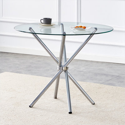 Table de salle à manger ronde en verre avec base en métal argenté froid, plateau transparent, sièges 4-6, moderne 36,6 po