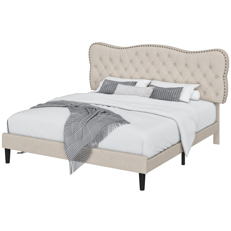 Lofgren Tufted Upholstered Platform Bed with Adjustable Headboard, Queen, Light Beige