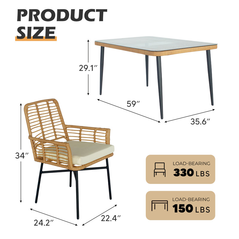 Ensemble repas d'extérieur rectangulaire avec coussins 6 personnes Kuwan, Beige